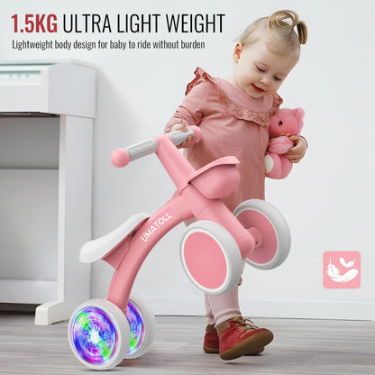 Umatoll Colorful Lighting Baby Balance Bike Toys for 1 Year Old Girl Gifts, Adjustable Seat, First Birthday Gifts, 12-24 Months Toddler Bike, New Pink