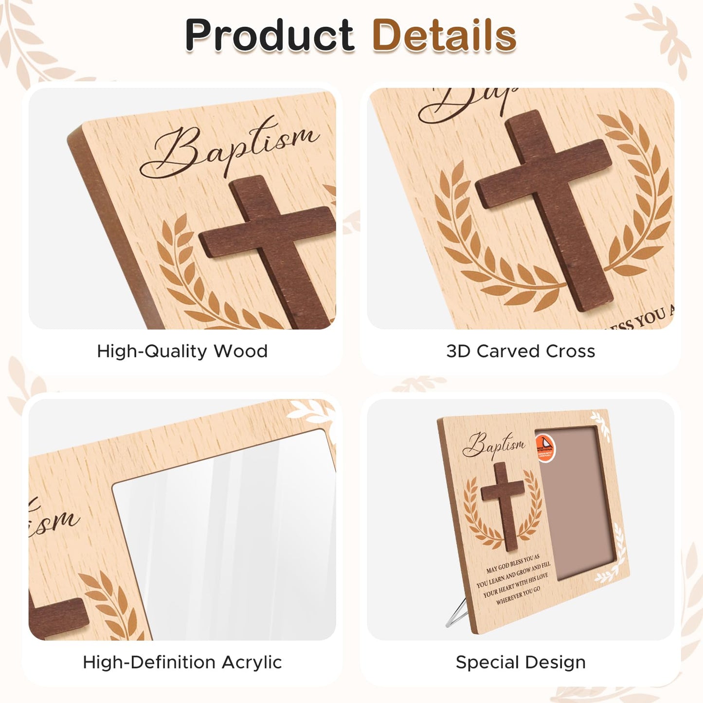 Baptism Picture Frame Gifts,Baptism Gifts for Boys Girls, Christening Baby Gift from Godparents Friends Family,3D Cross Wood Picture Frame(4x6-Vertical)