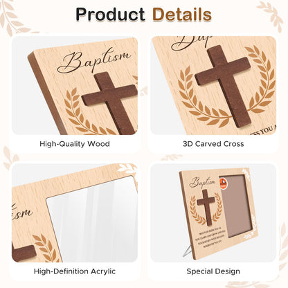 Baptism Picture Frame Gifts,Baptism Gifts for Boys Girls, Christening Baby Gift from Godparents Friends Family,3D Cross Wood Picture Frame(4x6-Vertical)