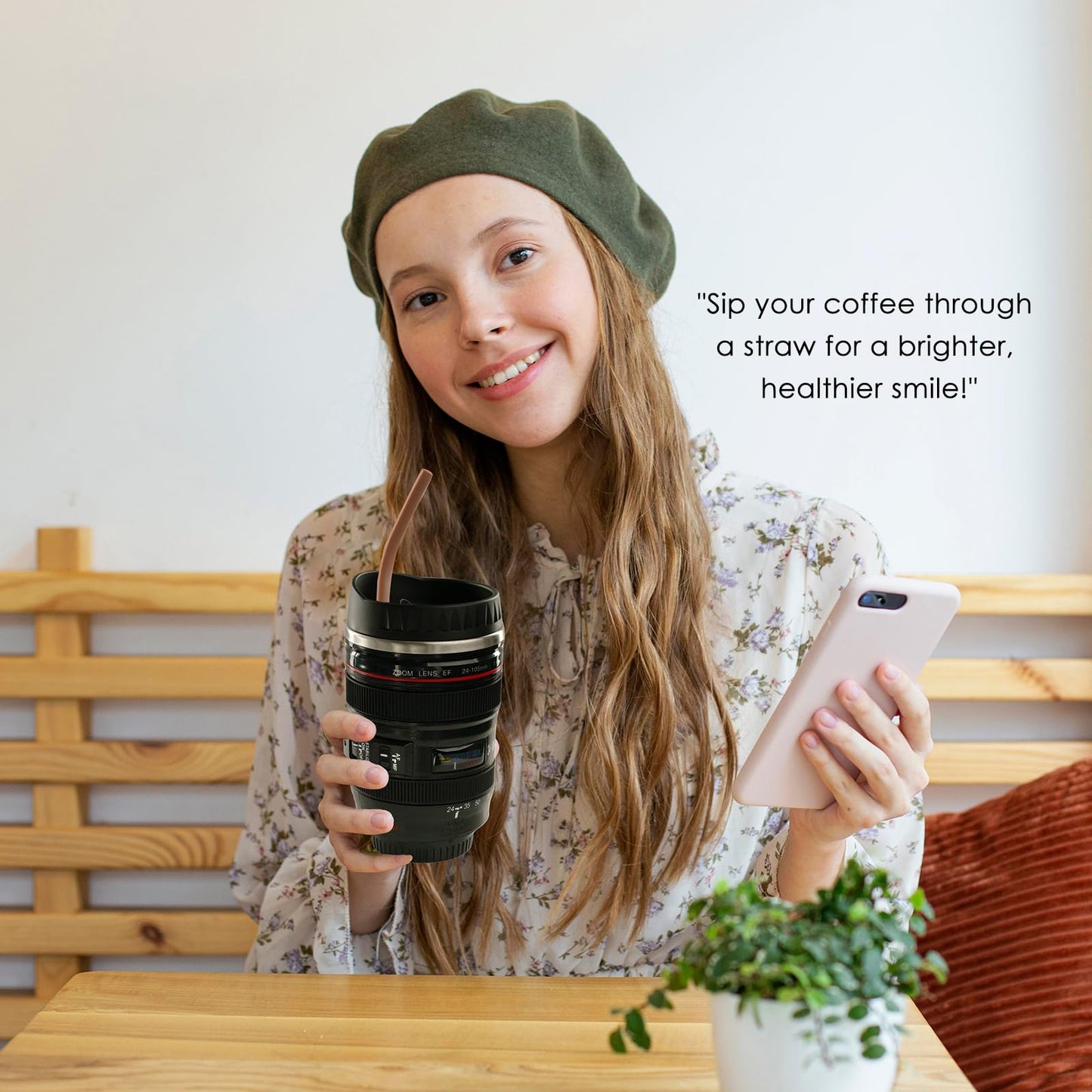 Coffee Mug- Ideal for Photographers&Travelers - Day Gifts,2 Lids,Cup Holder,Silicone Straw- Stainless Steel Lens Mug Thermos-Gift for Him, Photography, Camera accessories, Novelty Gifts