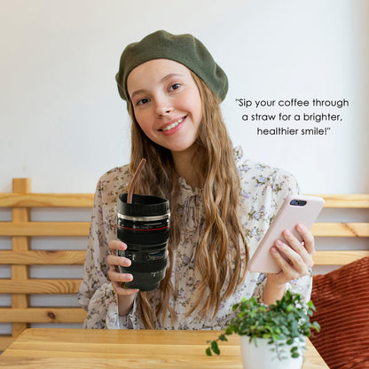 Coffee Mug- Ideal for Photographers&Travelers - Day Gifts,2 Lids,Cup Holder,Silicone Straw- Stainless Steel Lens Mug Thermos-Gift for Him, Photography, Camera accessories, Novelty Gifts