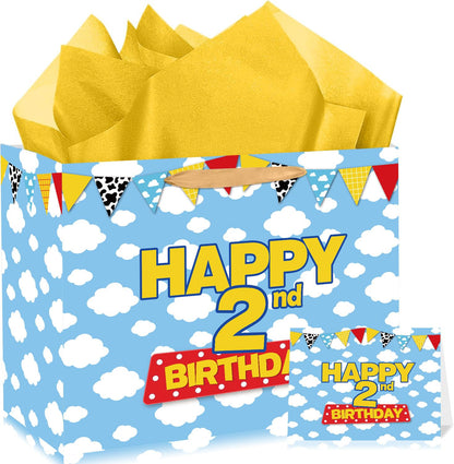 Cartoon Story 2nd Birthday Gift Bag with Tissue Paper and Greeting Card, Two Years Old Party Favor Bags Blue Sky White Clouds Cow Story 2nd Birthday Wrapping Paper Goodie Treat Bag for Kid Party Decor