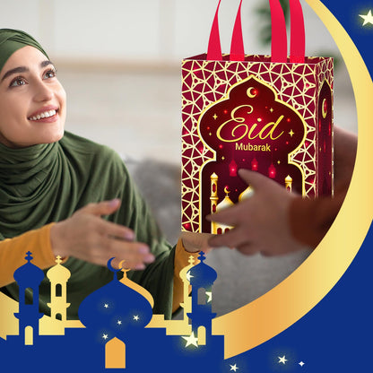 Clysee 24 Pcs Eid Mubarak Reusable Gift Bags With Handles - 6 Colors Non-Woven Ramadan Treat Bags - 10.2 x 8.3 x 3.9 Inch Tote for Gifts Wrapping
