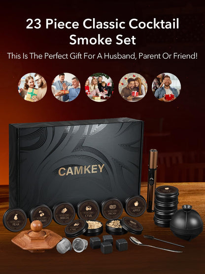 23Pcs Whiskey Smoker Kit with Torch-12 Wood Chips, Ice Ball Mold, Cocktail Smoker Infuser Kit, Old Fashioned Drink Smoker Kit, Birthday Bourbon Whiskey Gifts for Men,Dad,Him, Valentine's Day Gifts