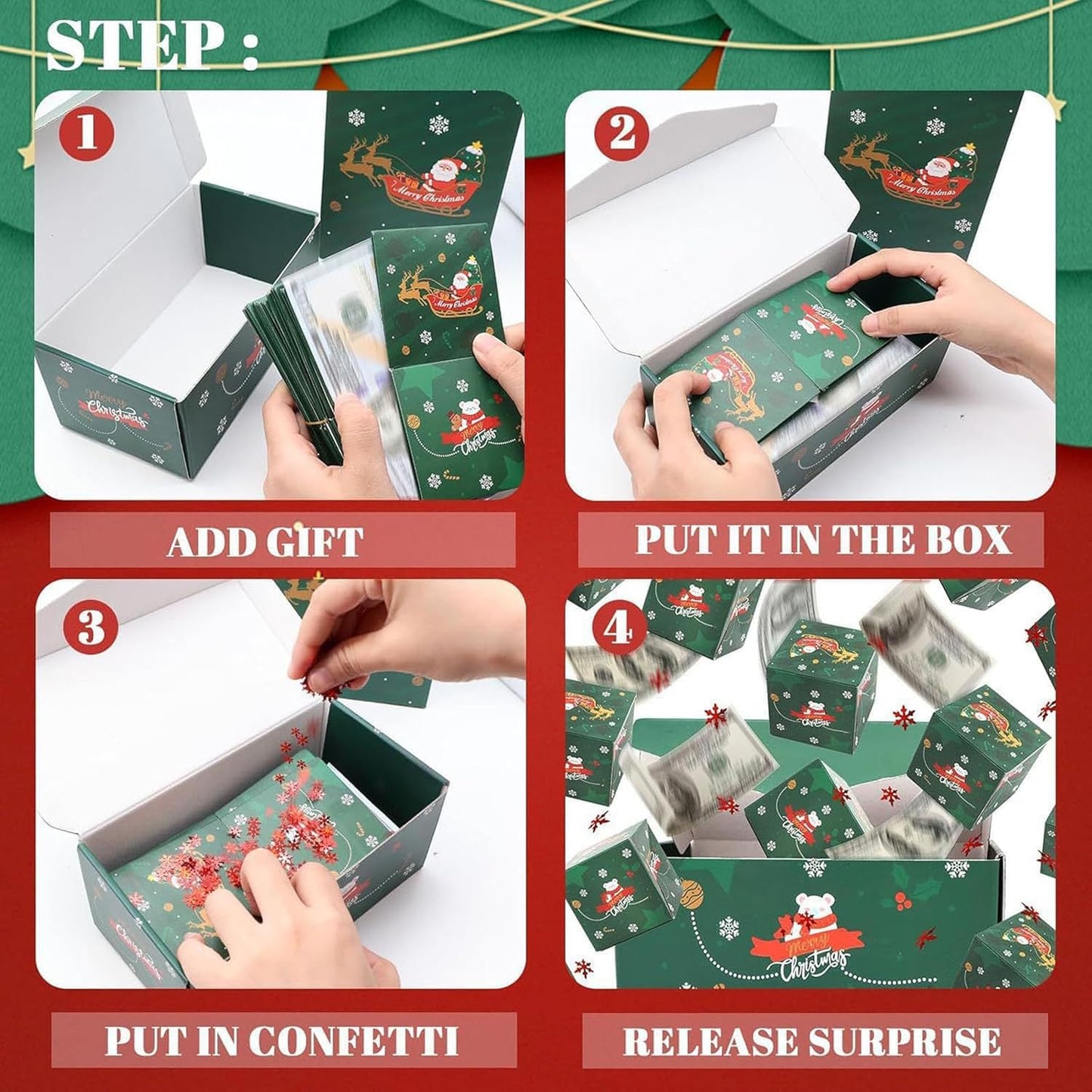 Surprise Box Gift Box for Money,Pop Up Explosion Cash Gift Box for Christmas Money Surprise Gift Set (Christmas,12 Pages green)