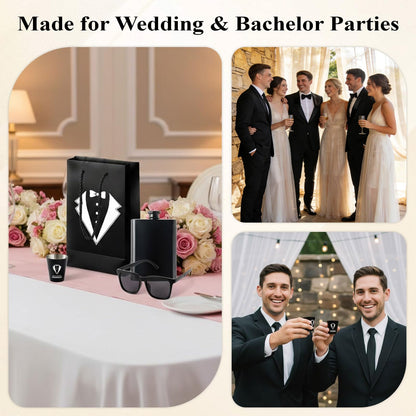60 Pcs Groomsmen Proposal Gifts Set of 6 – Gift Bags with Shot Glasses Sunglasses PU Leather Toiletry Bag Bottle Opener Combs Coasters for Wedding Groomsman Best Man Bachelor Party