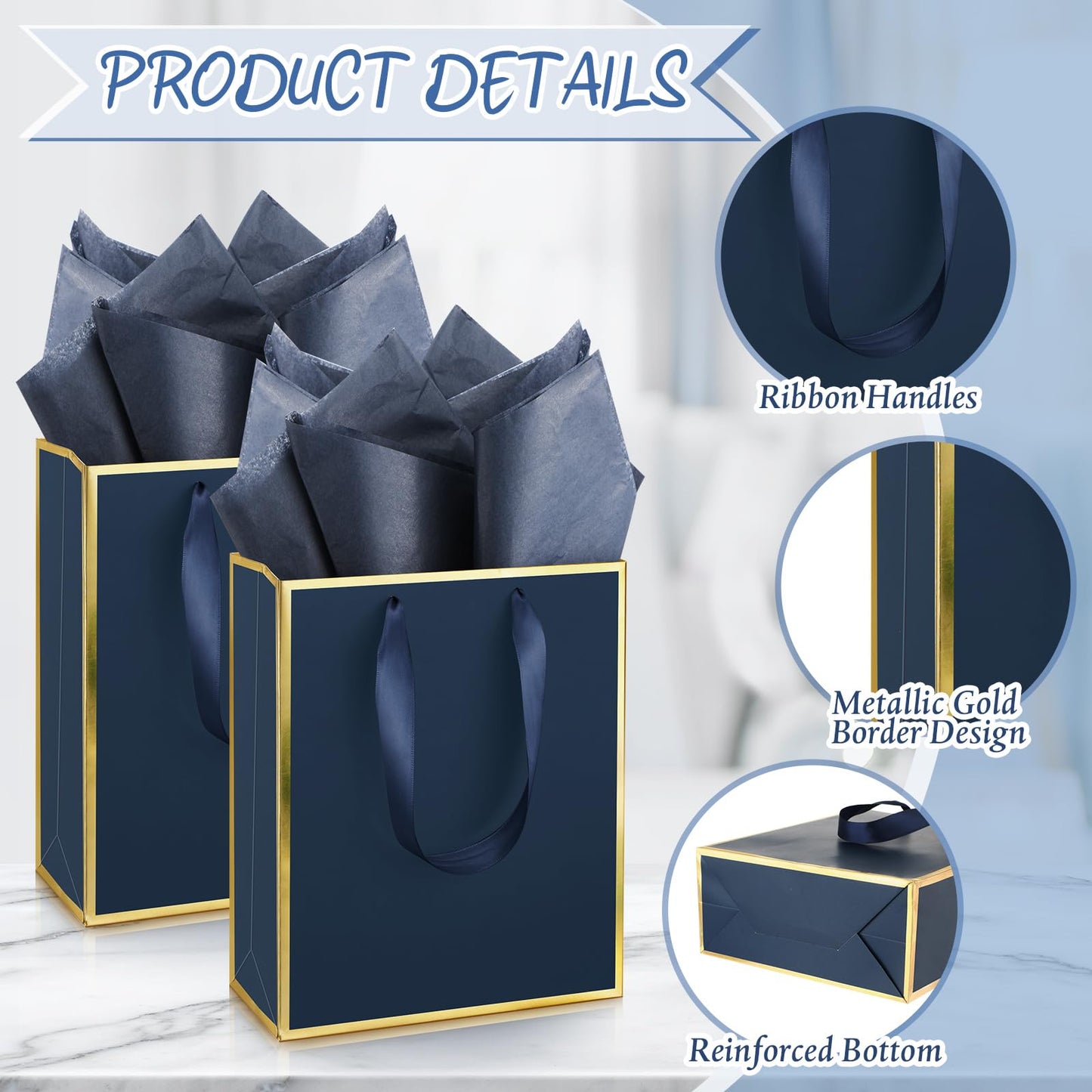 Yeaqee 10 Pack Metallic Paper Gift Bags with Handle Tissue Paper Thank You 5 Senses Gift Bag for Birthday Wedding Baby Shower Groomsmen Bridal Graduation Party Favor 9 x 7 x 3.15''(Navy Blue, Gold)
