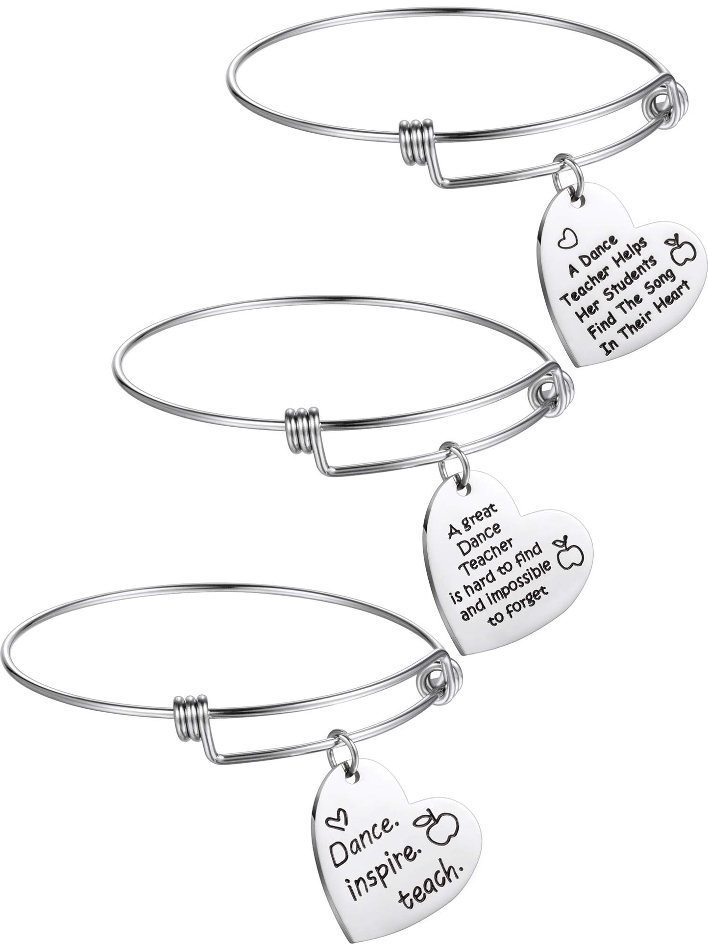 Zhanmai 3 Pieces Dance Teacher Gifts for 2026 Teacher's Day Bracelet Bangle Gift Engraved Appreciation Quotes Expandable Steel Bracelet with Heart Pendant for Women Dance Teacher