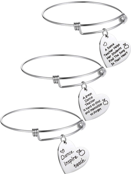 Zhanmai 3 Pieces Dance Teacher Gifts for 2026 Teacher's Day Bracelet Bangle Gift Engraved Appreciation Quotes Expandable Steel Bracelet with Heart Pendant for Women Dance Teacher