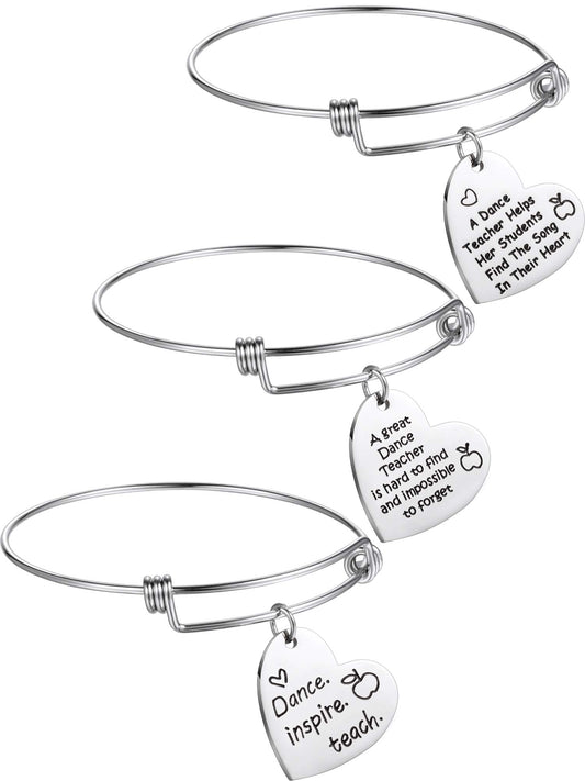 Zhanmai 3 Pieces Dance Teacher Gifts for 2026 Teacher's Day Bracelet Bangle Gift Engraved Appreciation Quotes Expandable Steel Bracelet with Heart Pendant for Women Dance Teacher