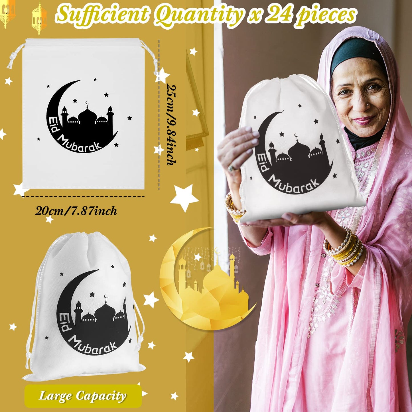 Boao 24 Count Eid Gift Bags, Black, 25 x 20 Cm/ 9.84 x 7.87 Inches, Small Ramadan Canvas Sack Gift Bags with Drawstring, Religious Theme, for Eid Mubarak Goodie Package Storage, Parties and Gatherings