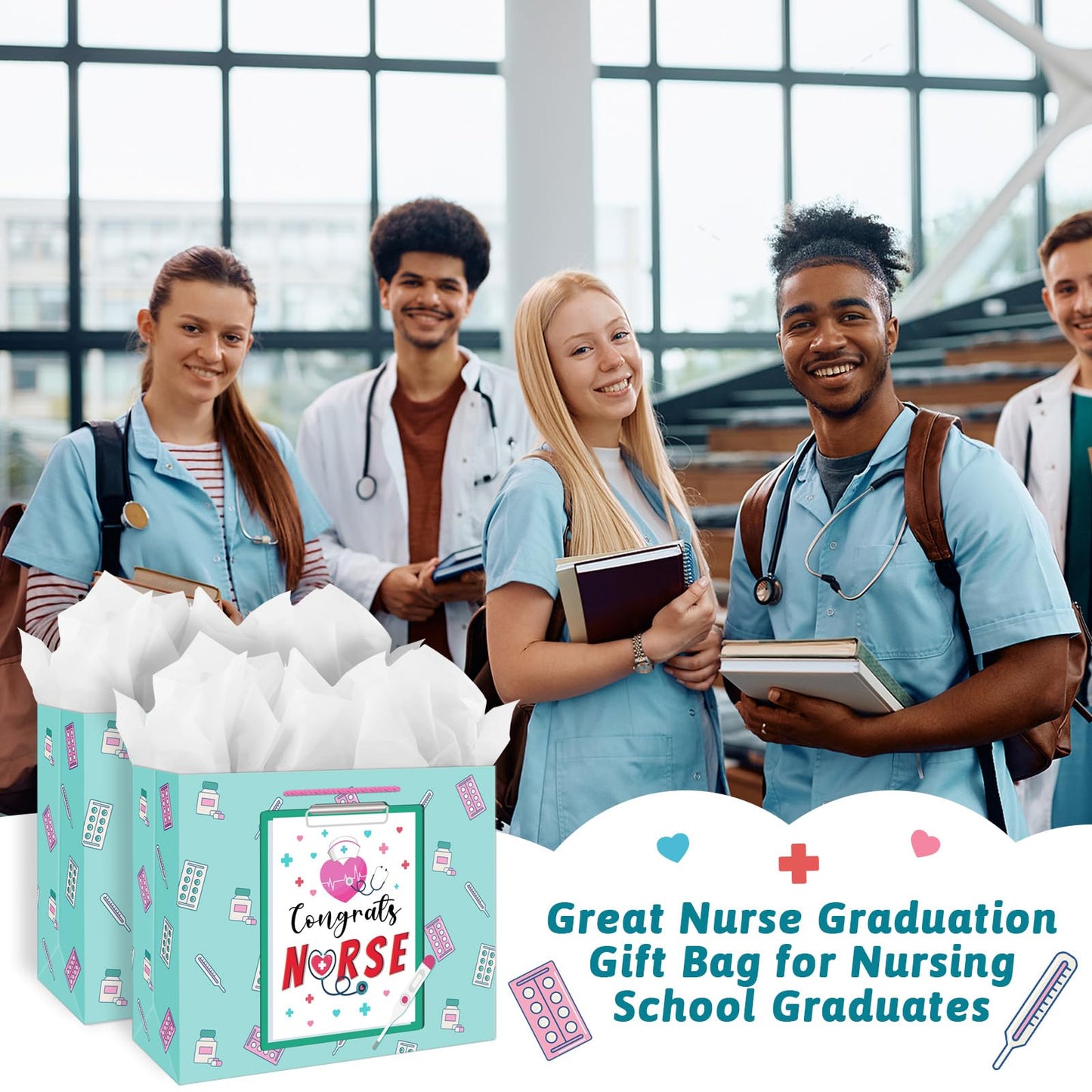 JUESMOS Nurse Graduation Gifts Bag with Tissue Paper 13" Large Congrats Nurse Gift Bag Nurse Week RN Gifts Bag for New Nurses Nursing Graduation Gifts for Medical School Graduates Healthcare Workers