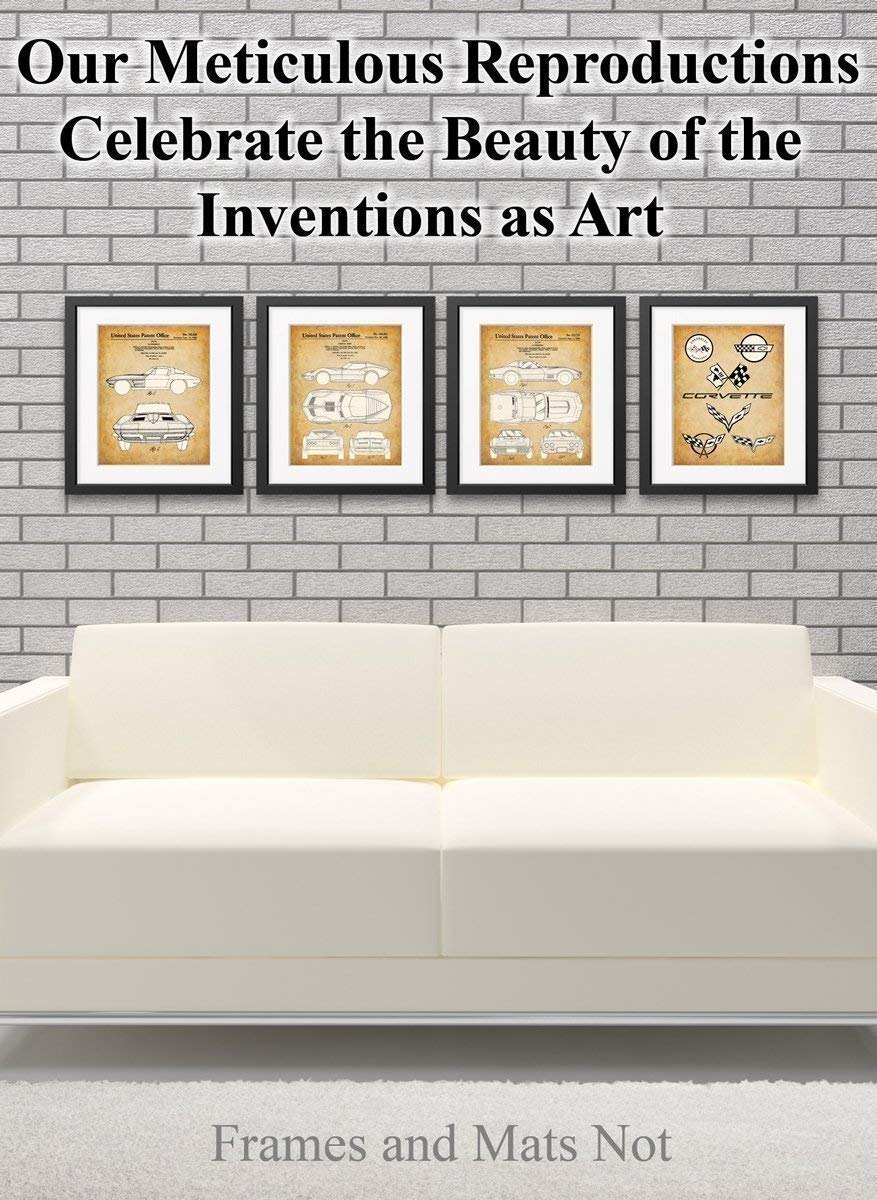 Original Corvette Patent Art Prints - Set of Four Photos (8x10) Unframed - Makes a Great Man Cave Decor and Gift Under $20 for Corvette Owners and Car Enthusiasts