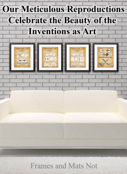 Original Corvette Patent Art Prints - Set of Four Photos (8x10) Unframed - Makes a Great Man Cave Decor and Gift Under $20 for Corvette Owners and Car Enthusiasts