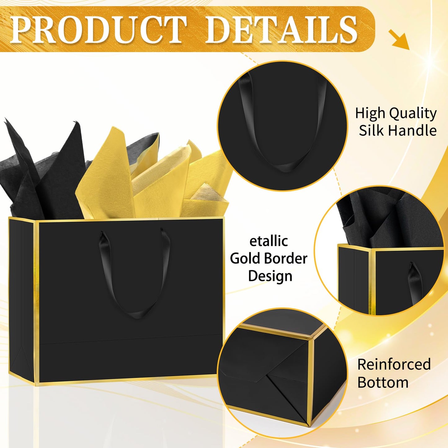 Epoesch 12 Pack Black Gift Bags with Handles – Includes 24 Tissue Paper – 11.8"x10"x4" – Elegant 5 Senses Gift Bags for Wedding, Bridesmaids, Groomsmen, Guests, Easter, Father's Day, Holidays (Black Gold)