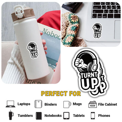 3 Pcs TURN'T UP Sticker – Cool DJ Microphone and Headphone Design Vinyl Decal Waterproof for Laptop, Water Bottle, Tumbler, Skateboard, Phone – Party Vibe Gift for Music Lovers – 3 Inch
