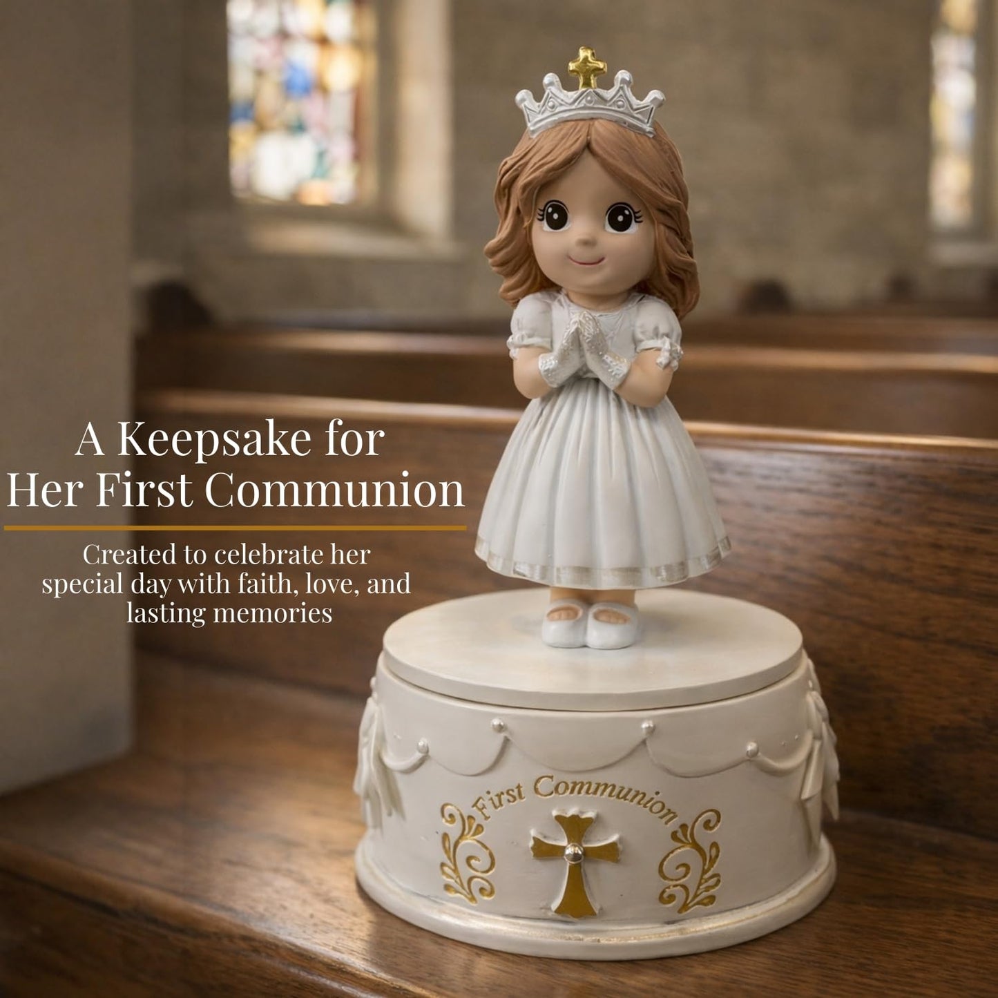 First Communion Gifts for Girls - 1st Holy Communion Gift with Prayerful Girl Figurine, Keepsake Box & Pearl Bracelet - Religious Keepsake Gift for Girls