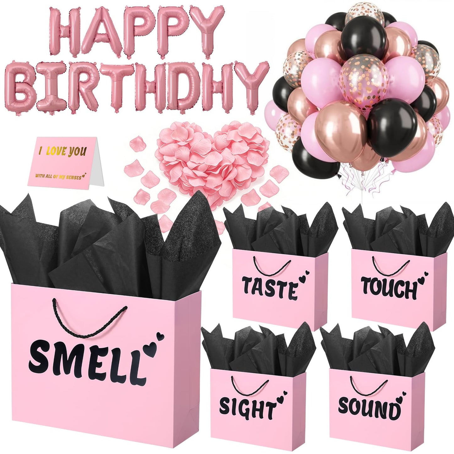 5 Senses Gift Bags for Him with Labels, 12.6"x 9.8"x 4.2" Gift Bag Tissue Paper Happy Birthday Decorations Kit with Banner, Balloons, Rose Petals, Card for Men, Women, Wedding, Valentine's Day
