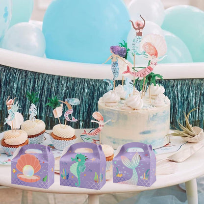 LAEYIAP 12Pcs Mermaid Party Favor Goodie Gift Boxes,Mermaid Party Goodie Bags,Handmade DIY Candy Box with Handle for Under the Sea Theme Birthday Party Decoration Supplies