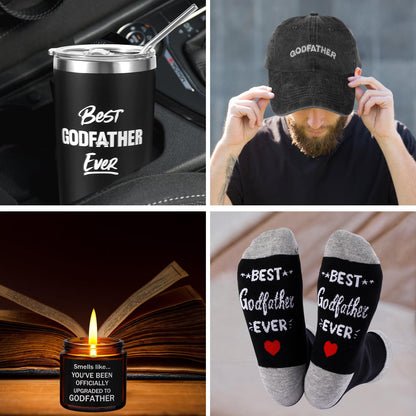 SAIWEILAI ONLINE 9 Pieces Godfather Gift Set Best Godfather Gifts for Men with Tumbler Mens Socks Mens Baseball Cap Key Chain Card for God Father Uncle for Christmas, Birthday