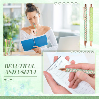 Qeeenar 6 Pcs Ballpoint Pens Set Metal Crystal Diamond Pen for Journaling Glitter Pretty Cute Stationery Black Ink Fancy Gifts for Women Girls Teacher Office Wedding School Supplies(Green Series)