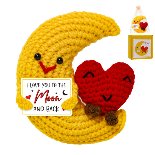 Crochet Moon Heart Mother's Gift – Handmade Crochet Pocket Hug Heart I Love You Mum Gift for Women Couples Best Friend Her Him Boyfriend Anniversary Wedding Mother's Day Decoration