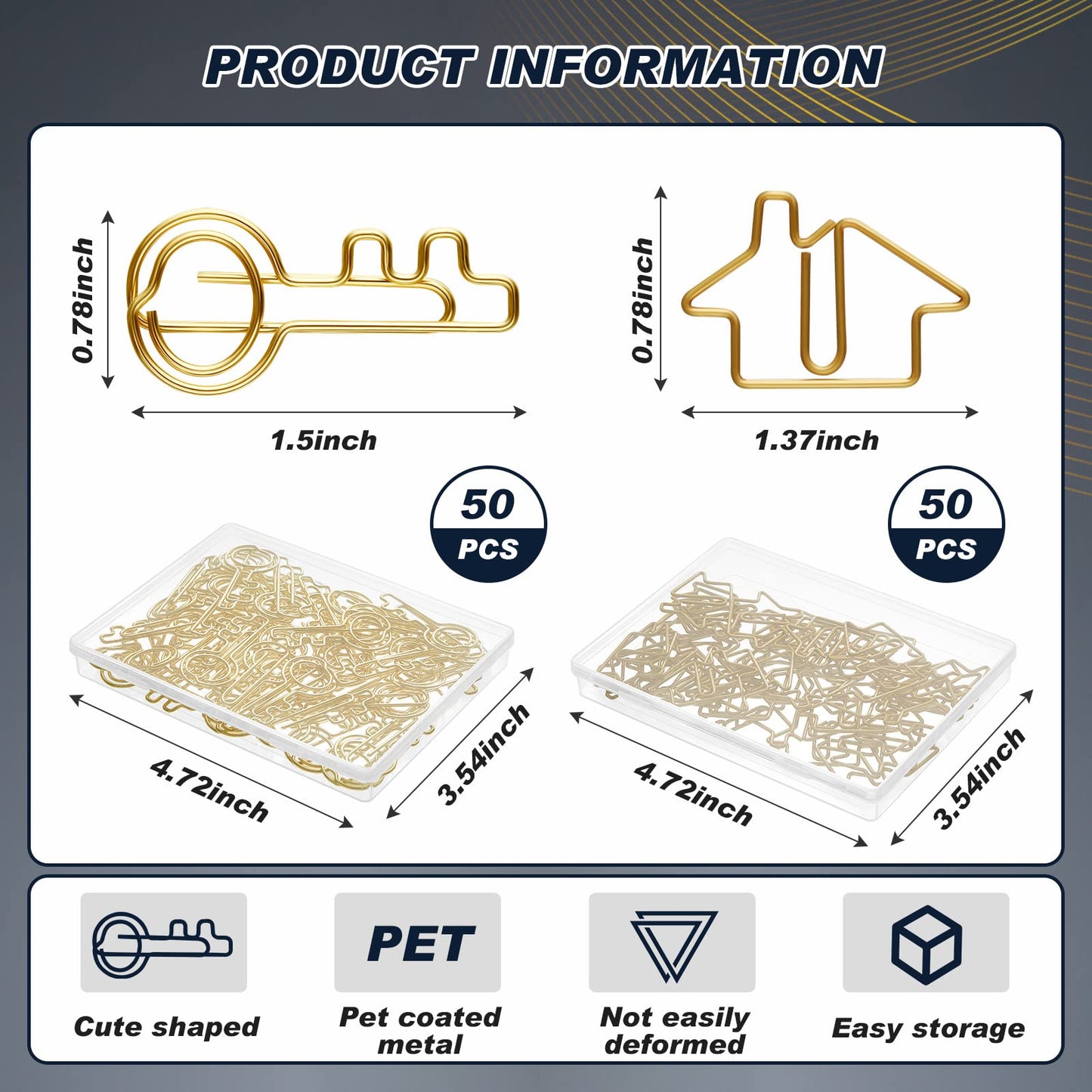 Gueevin 102 Pack Real Estate Agent Supplies, 50 House Shaped Paper Clips and 50 Key Shaped Wire Clips with 2 Clear Storage Boxes, Cute Office Gifts for Real Estate, Home, Classroom(Gold)