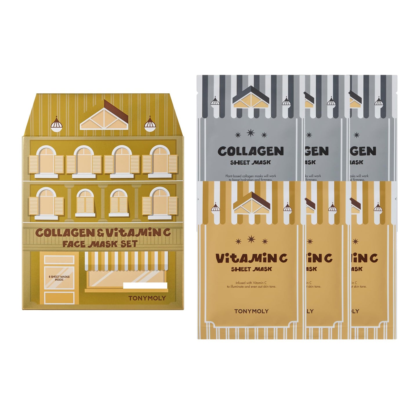 TONYMOLY Mini House of Masks 6-Pack Holiday Skincare Gift Set | Collagen & Vitamin C Korean Sheet Masks | Hydrating, Brightening & Firming Face Masks | Festive Stocking Stuffer for Women