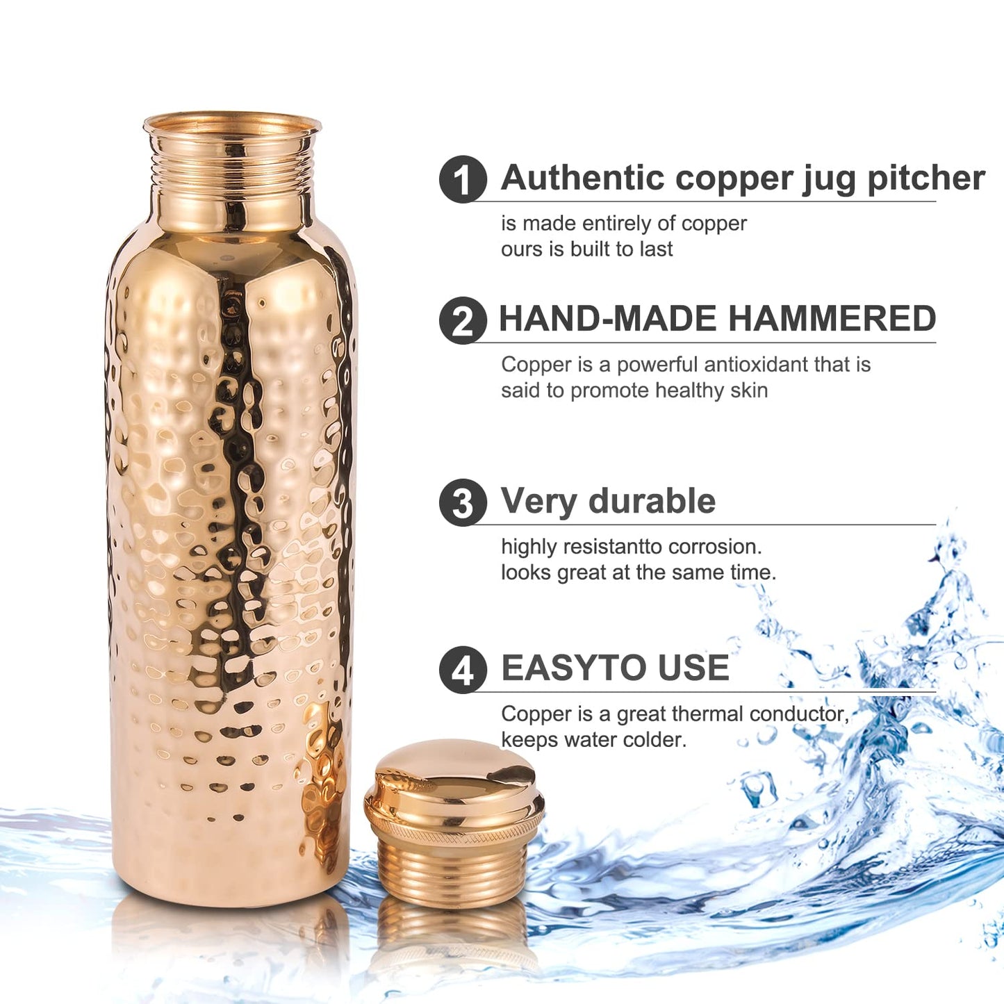 Pure Copper Water Bottle 34 Ounce with Jute Carry Bag – Hammered Leakproof Ayurvedic Copper Vessel for Drinking Water - Reusable Bottle for Home, Office, Gym, Travel & Gifting