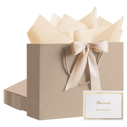 PASEOTA 12.6" Gift Bags Bulk, 10 Pcs Gift Bags with 20 Tissue Paper 10 Greeting Cards, Luxury Bag with Handles for Wedding Birthday Graduation Fathers' Day (Champagne)