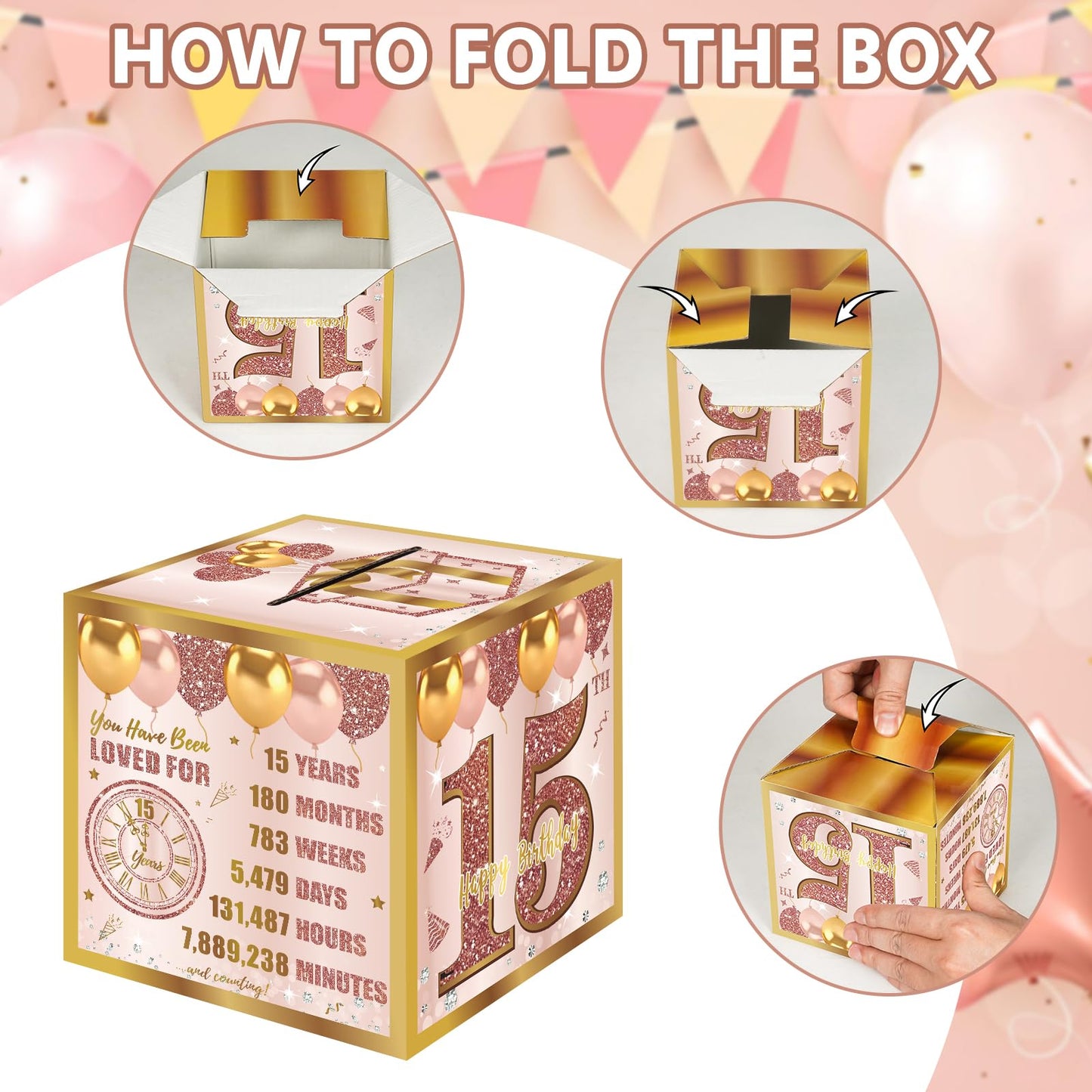 Turypaty 15th Birthday Pull-Out Money Gift Box for Girls - Pink Rose Gold Happy Fifteen 15th Birthday Party Cash Gift Box with Pull-Out Card - A Fun and Loving Way to Offer Cash Present