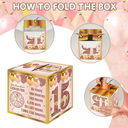 Turypaty 15th Birthday Pull-Out Money Gift Box for Girls - Pink Rose Gold Happy Fifteen 15th Birthday Party Cash Gift Box with Pull-Out Card - A Fun and Loving Way to Offer Cash Present