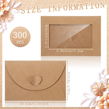 Uiifan 300 Pcs Window Gift Card Envelopes 4 x 2.8 Inch Gift Card Sleeves Mini Envelopes with Heart Shaped Clasp for Business Party Greeting Invitation(Brown)