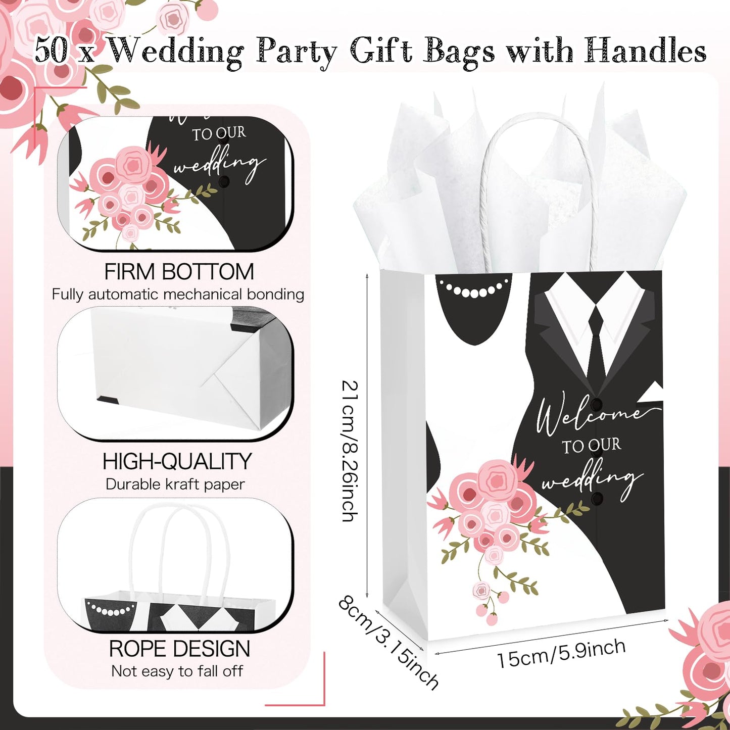 Sinload 50 Sets Wedding Welcome Bags with 50 Sheets Tissue Paper Mr. and Mrs. Welcome to Our Wedding Favor Bags Paper Bags with Handles Wedding Party Gift Bags Welcome Wedding Bags for Hotel Guests