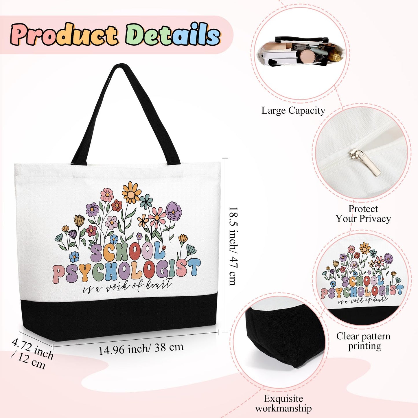 Paterr 2 Pcs School Psychologist Gifts for Women Canvas Tote Bag with Makeup Pouch Floral Reusable Grocery Bag for School Psych Counselor, Teacher Appreciation Gift