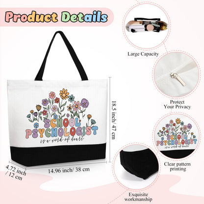 Paterr 2 Pcs School Psychologist Gifts for Women Canvas Tote Bag with Makeup Pouch Floral Reusable Grocery Bag for School Psych Counselor, Teacher Appreciation Gift
