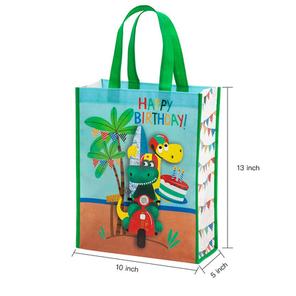 WRAPAHOLIC Large Reusable Dinosaur Birthday Gift Bag with Handles - 10 x 5 x 13 inch - Dinosaur Happy Birthday