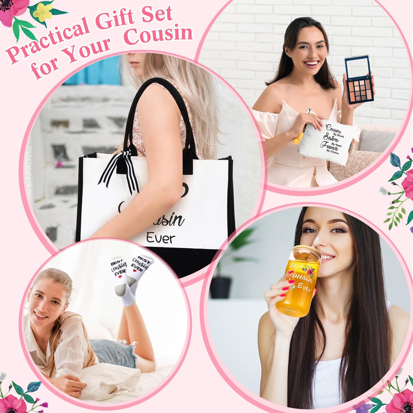 Funnymoom 5 Pack Cousin Gifts for Women, Best Cousin Ever Themed Gifts Ideas for Birthday, Thank You Set with Canvas Tote Bag, Canvas Makeup Bag, 16 oz Drinking Glass Cup, Socks and Keychain