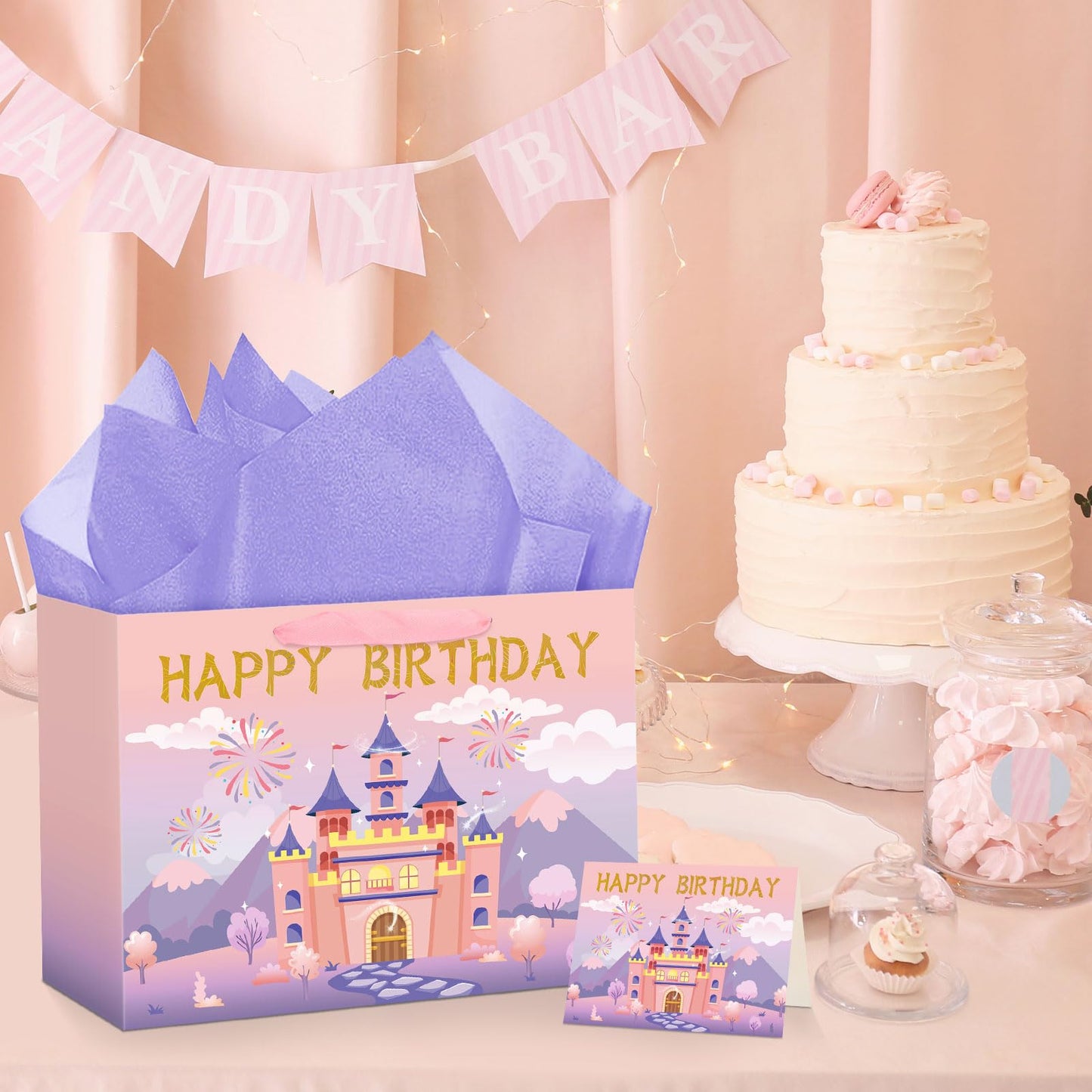 Hooqict Large Princess Gift Bag Birthday Gift Wrap Bag with Ribbon Handles, Tissue Paper, Greeting Card for Kids Girls Women Castle Princess Birthday Party Decorations Favor (Pink and Purple)