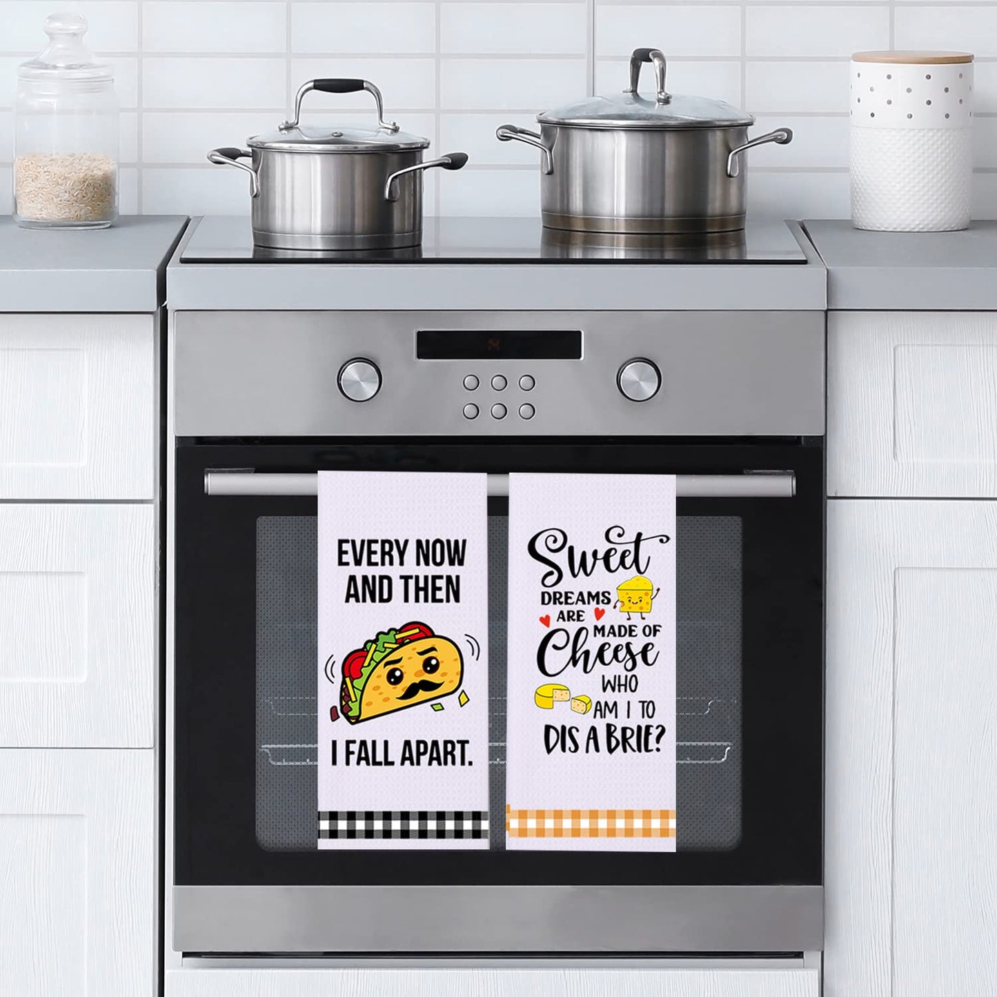 LXOMILL Funny Kitchen Towels, Cute Decorative Dish Towels Sets, Absorbent Waffle Hand Towels, Housewarming Gifts for New Home, Women, Mom, Set of 4, Funny House Warming Presents, Hostess Gifts