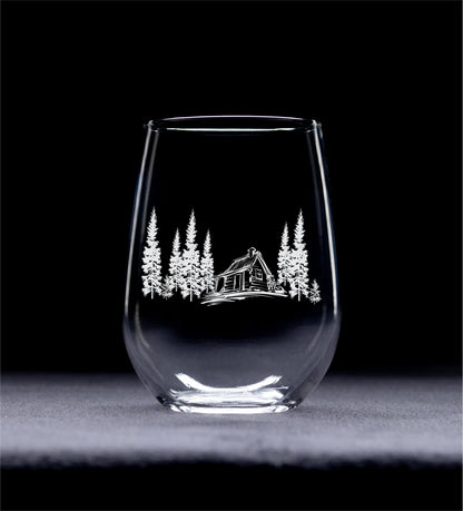 C M - Cabin in the Woods Stemless Wine Glass - 17 oz - Glass - Cabin Themed Gift for Men and Women