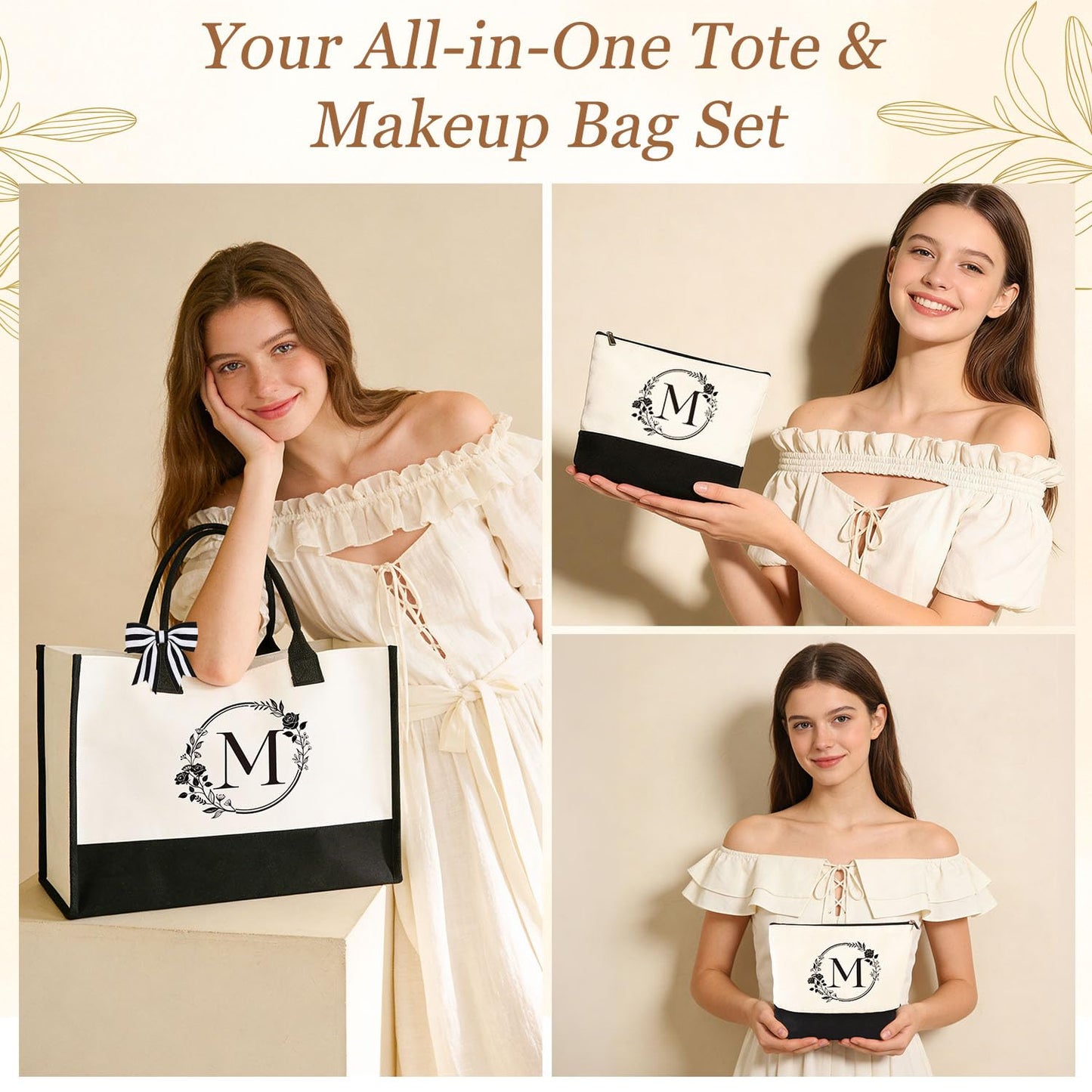 Birthday Gifts for Women, 10pcs Monogrammed Gifts for Women Initial Canvas Tote Bag, Makeup Bag, Glass Cup, Hair Clip, Candle Basket Birthday Personalized Gift for Her Woman Mom Wife Friend Teacher, M