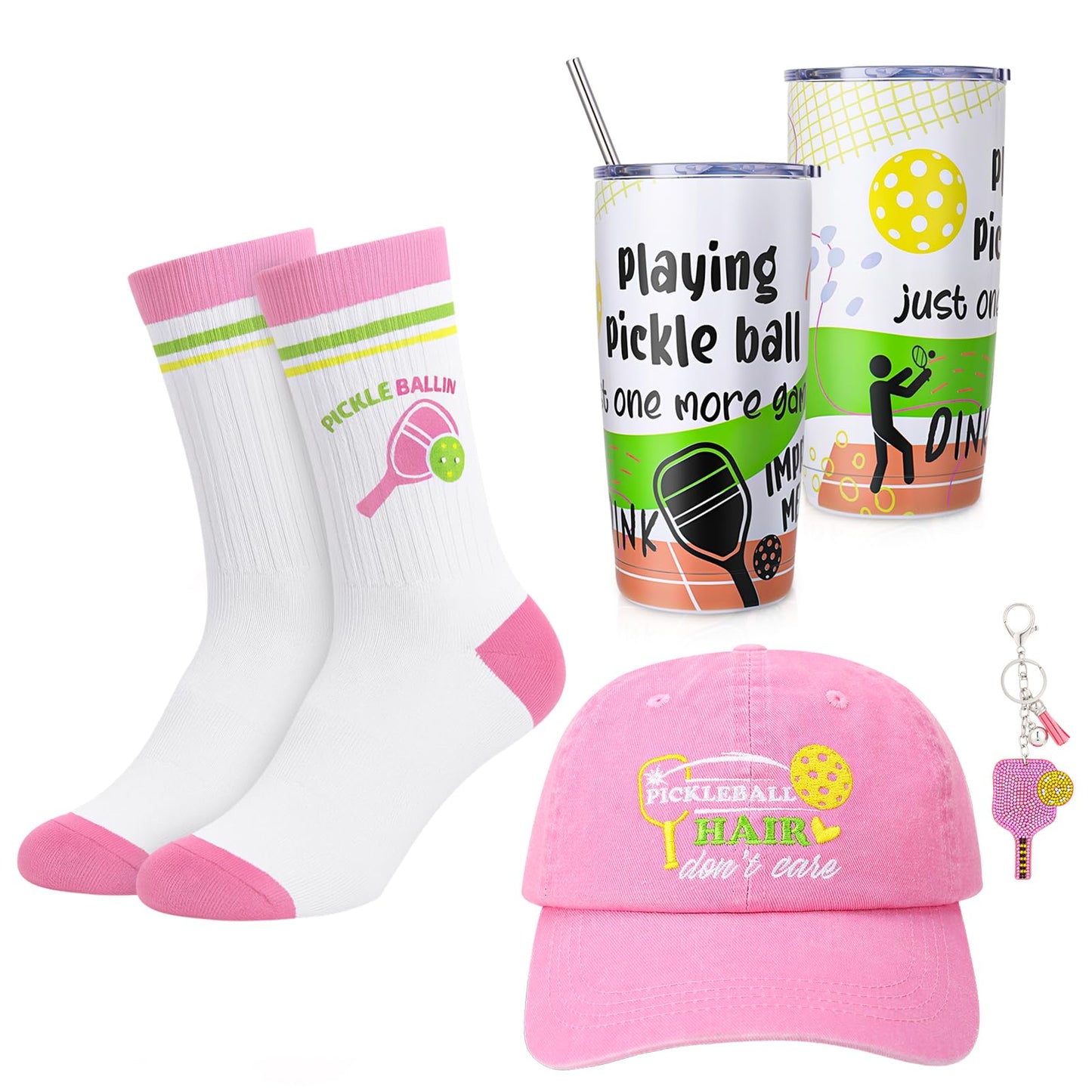 Pickleball Hat for Women, Pickleball Accessories with Cotton Baseball Cap Socks Stainless Steel Tumbler for Birthday Christmas Pink