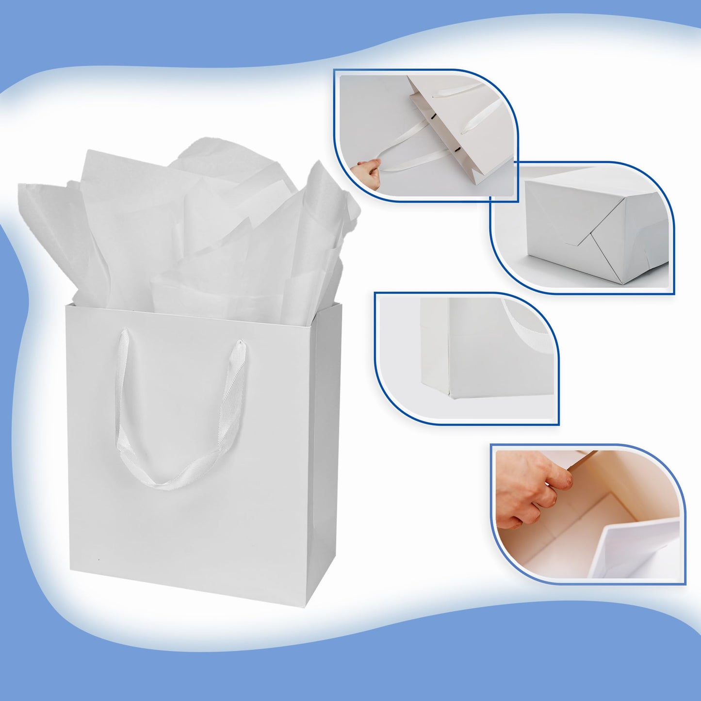 Papertide 6 Pack Small White Gift Bags 4x2.8x4.5 inch with Tissue Paper, Reusable Mini Gift Bags for Jewelry, Candles, Cosmetics, Birthday, Party Favors, Thank You Gifts
