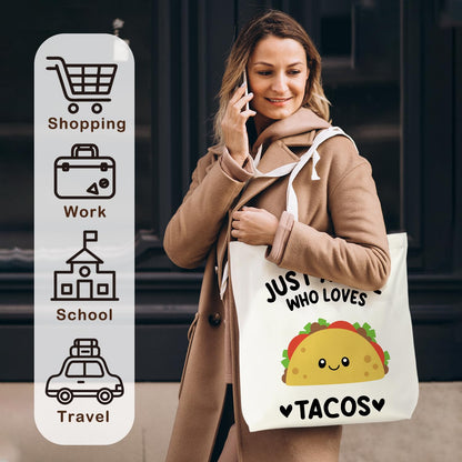 KEUSPI Mexican Taco Gifts Tote Bag for Women, Mexican Gifts Canvas Tote Bag, Gift for Taco Lovers, Just a Girl Who Loves Tacos Reusable Shopping Grocery Bags