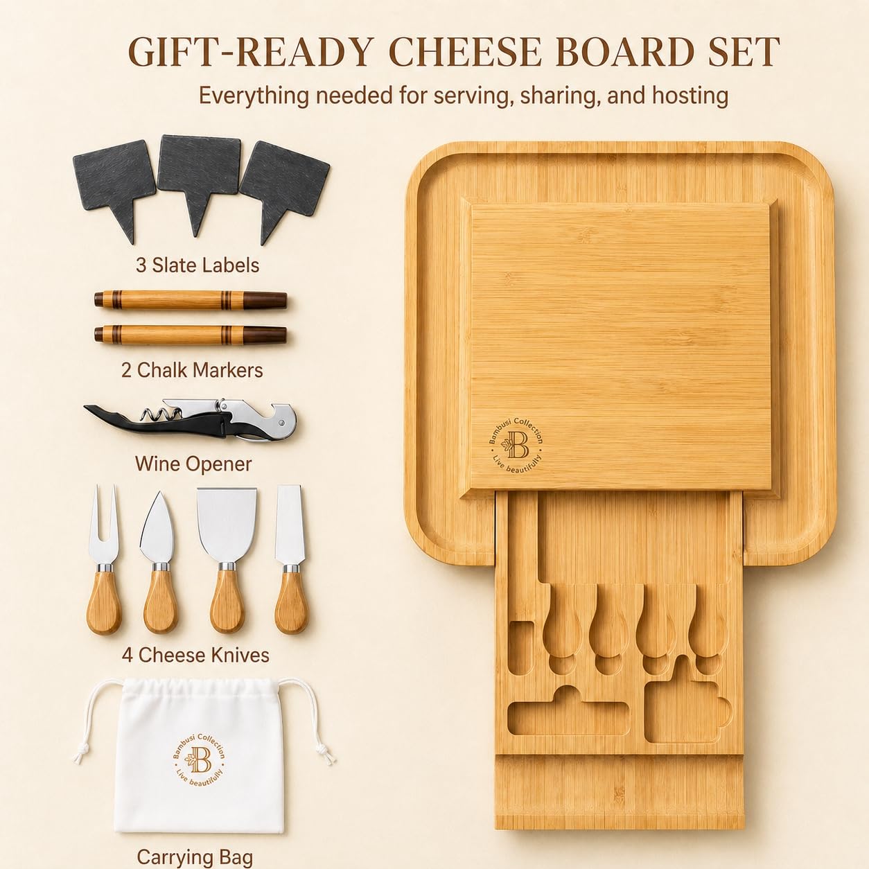 Charcuterie Boards Gift Set - Bamboo Cheese Board Set with Serving Knives, Meat Cheese Platter for Hosting Party Entertaining - Gifts for Women, Mom Dad, Wedding, Birthday, House Warming Gift New Home