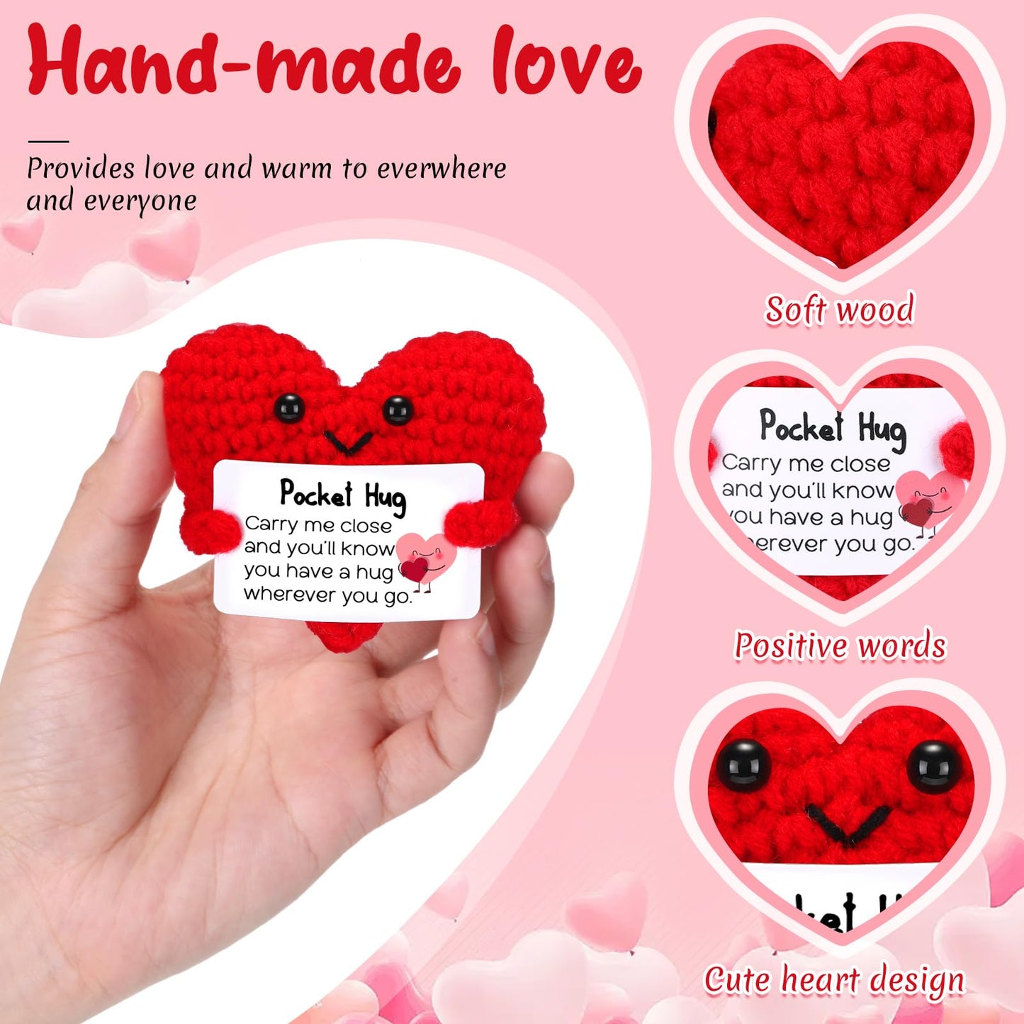 HyDren 12 Pcs Crochet Pocket Hug Heart Gifts with Inspirational Cards Handmade Heart Plush Bulk for Teacher Appreciation Graduation Friendship Encouragement Support Gifts