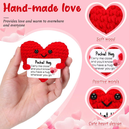 HyDren 12 Pcs Crochet Pocket Hug Heart Gifts with Inspirational Cards Handmade Heart Plush Bulk for Teacher Appreciation Graduation Friendship Encouragement Support Gifts