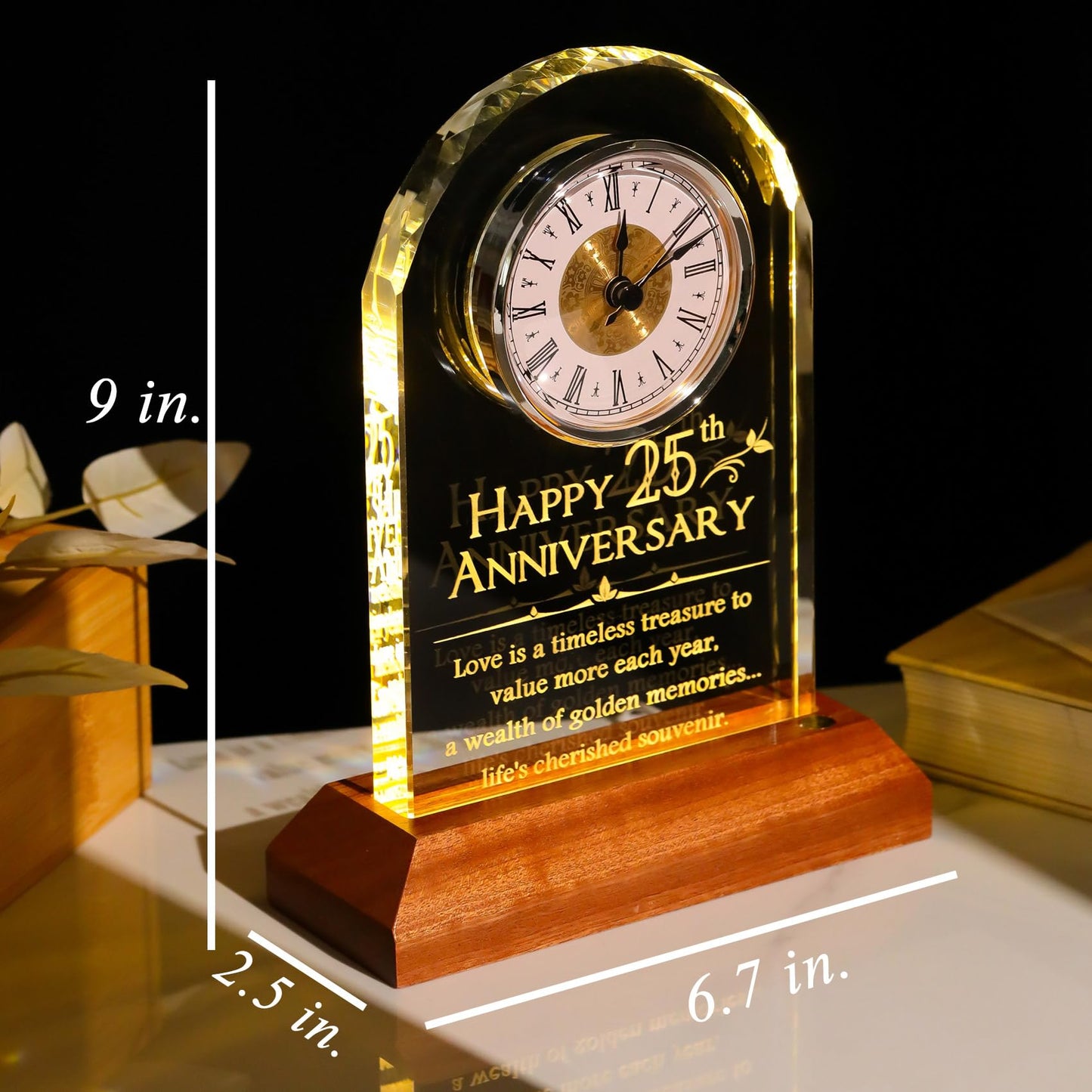YWHL 25th Wedding Anniversary Clock Gifts for Couple, 25 Years Anniversary Keepsake Gift for Wife Husband, Table Clock Glass Presents with Wooden Light Base for Home Decoration (Battery not Included)