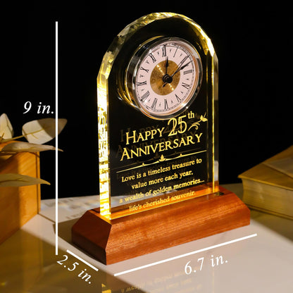 YWHL 25th Wedding Anniversary Clock Gifts for Couple, 25 Years Anniversary Keepsake Gift for Wife Husband, Table Clock Glass Presents with Wooden Light Base for Home Decoration (Battery not Included)